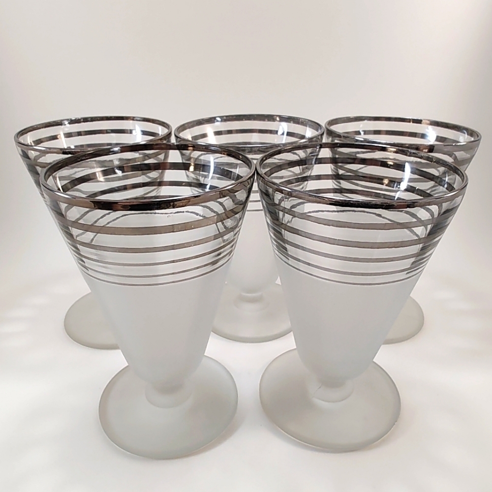 Vintage Sundae Parfait Glasses Frosted with Silver Stripes Set of 5 MCM Luxury